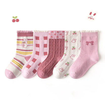 5 Pairs Girls' Cotton Socks – Soft Floral Print Toddler Socks for Spring & Autumn | Comfortable Kids Footwear
