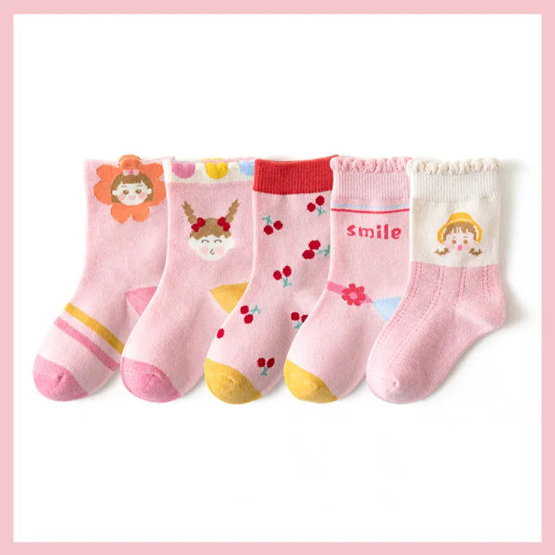 5 Pairs Girls' Cotton Socks – Soft Floral Print Toddler Socks for Spring & Autumn | Comfortable Kids Footwear
