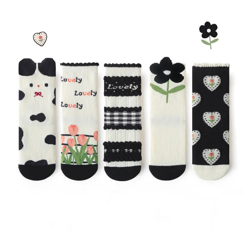 5 Pairs Girls' Cotton Socks – Soft Floral Print Toddler Socks for Spring & Autumn | Comfortable Kids Footwear