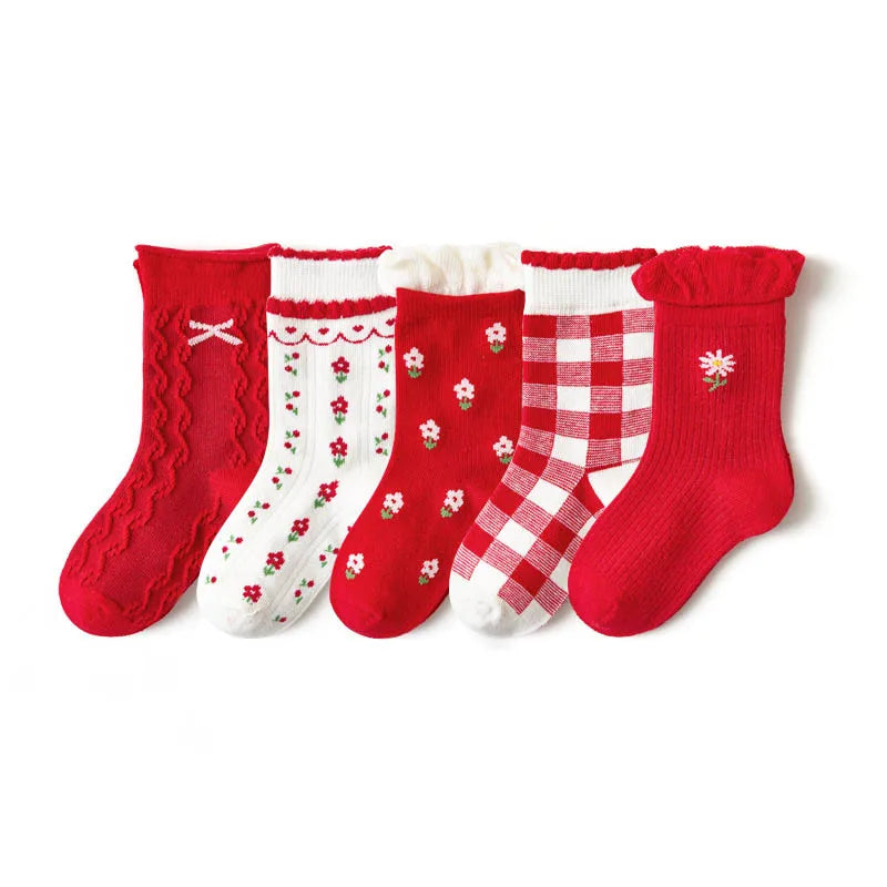 5 Pairs Girls' Cotton Socks – Soft Floral Print Toddler Socks for Spring & Autumn | Comfortable Kids Footwear