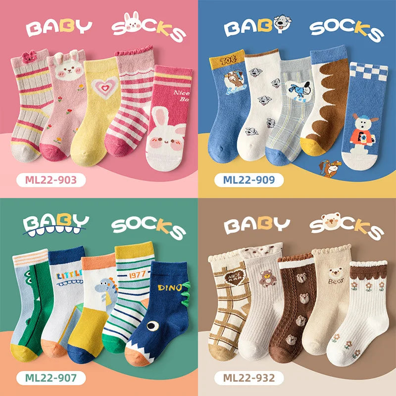 5 Pairs Girls' Cotton Socks – Soft Floral Print Toddler Socks for Spring & Autumn | Comfortable Kids Footwear