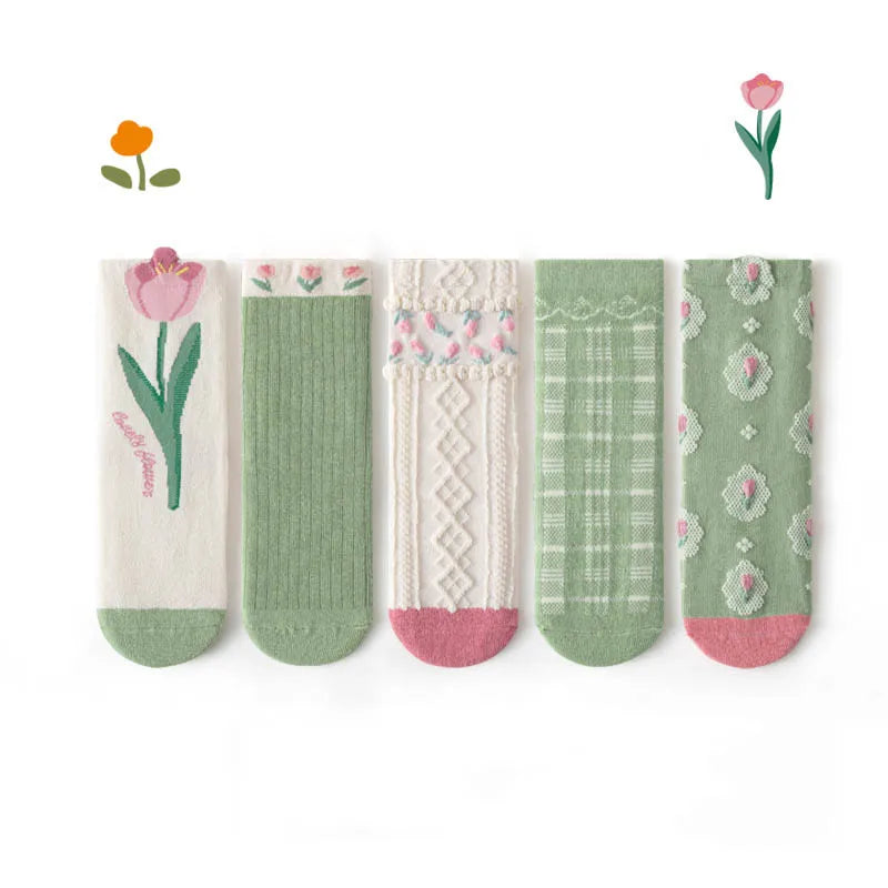 5 Pairs Girls' Cotton Socks – Soft Floral Print Toddler Socks for Spring & Autumn | Comfortable Kids Footwear