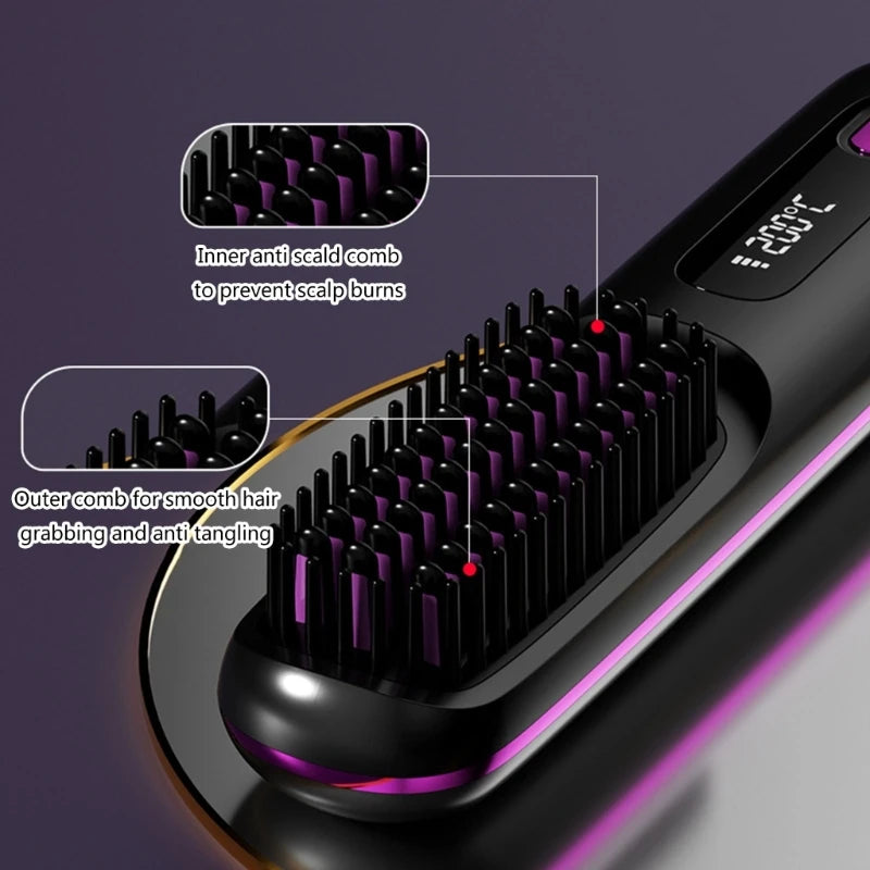 Hair Straightening Brush Practical Hair Comb Electric Ceramic Heating Straight Hair Comb Rechargeable Hair Styling Comb