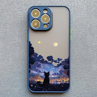 Black Cat Starry Night iPhone Case – Artistic Shockproof Cover for iPhone 14, 15, 16 Series | Soft Protective Shell