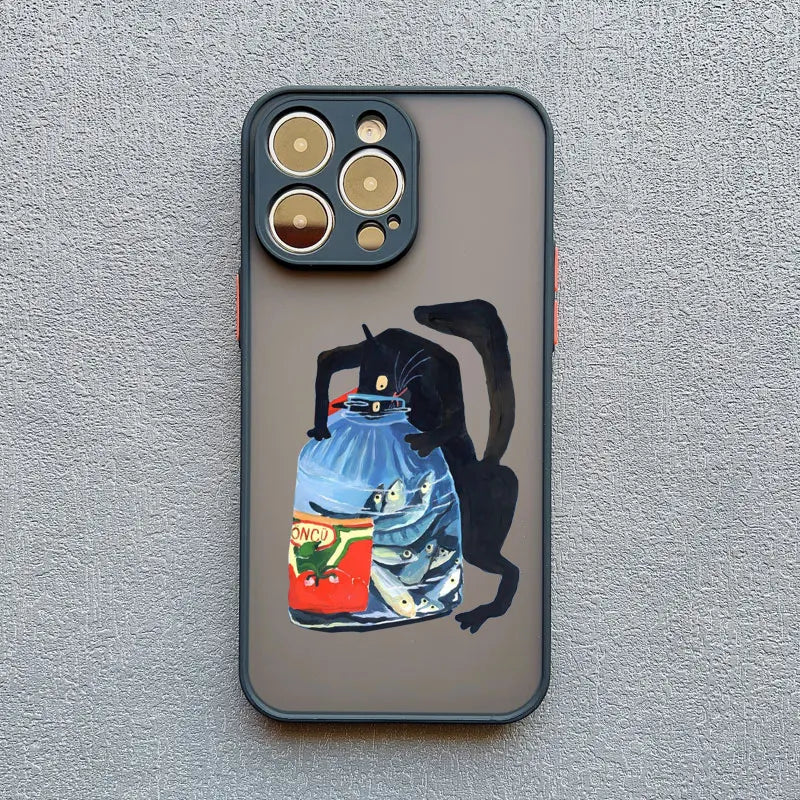 Dark Funny Cartoon Cat iPhone Case – Animal Soft Cover for iPhone 14, 15, 16 Series | Cute & Protective Phone Case