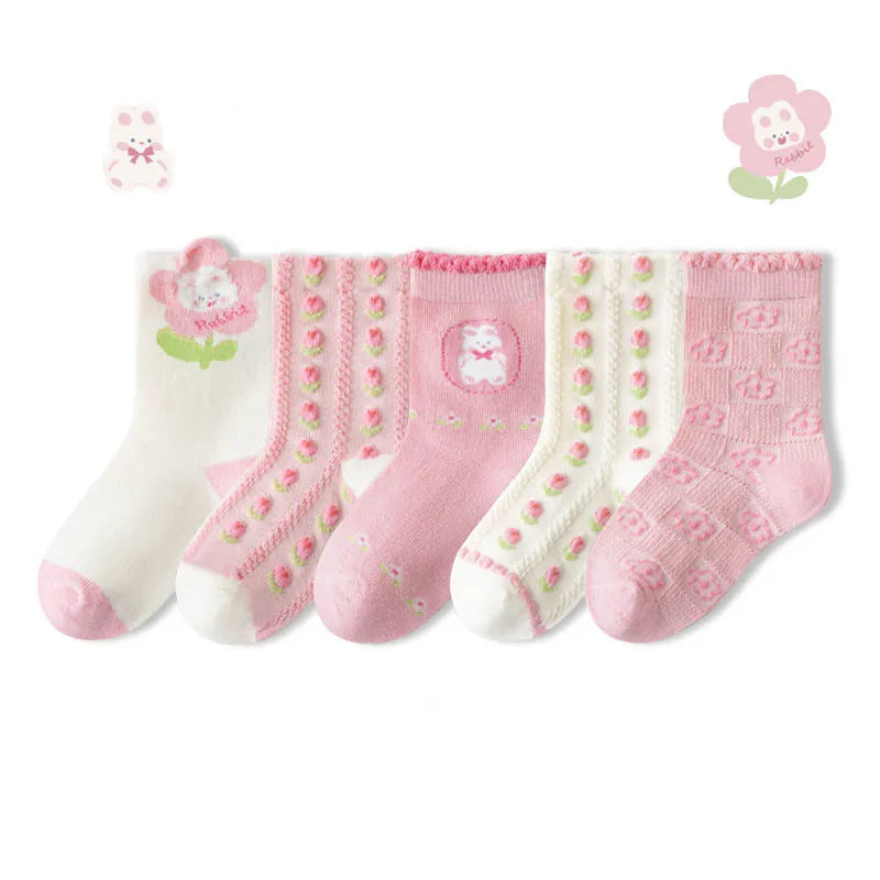 5 Pairs Girls' Cotton Socks – Soft Floral Print Toddler Socks for Spring & Autumn | Comfortable Kids Footwear