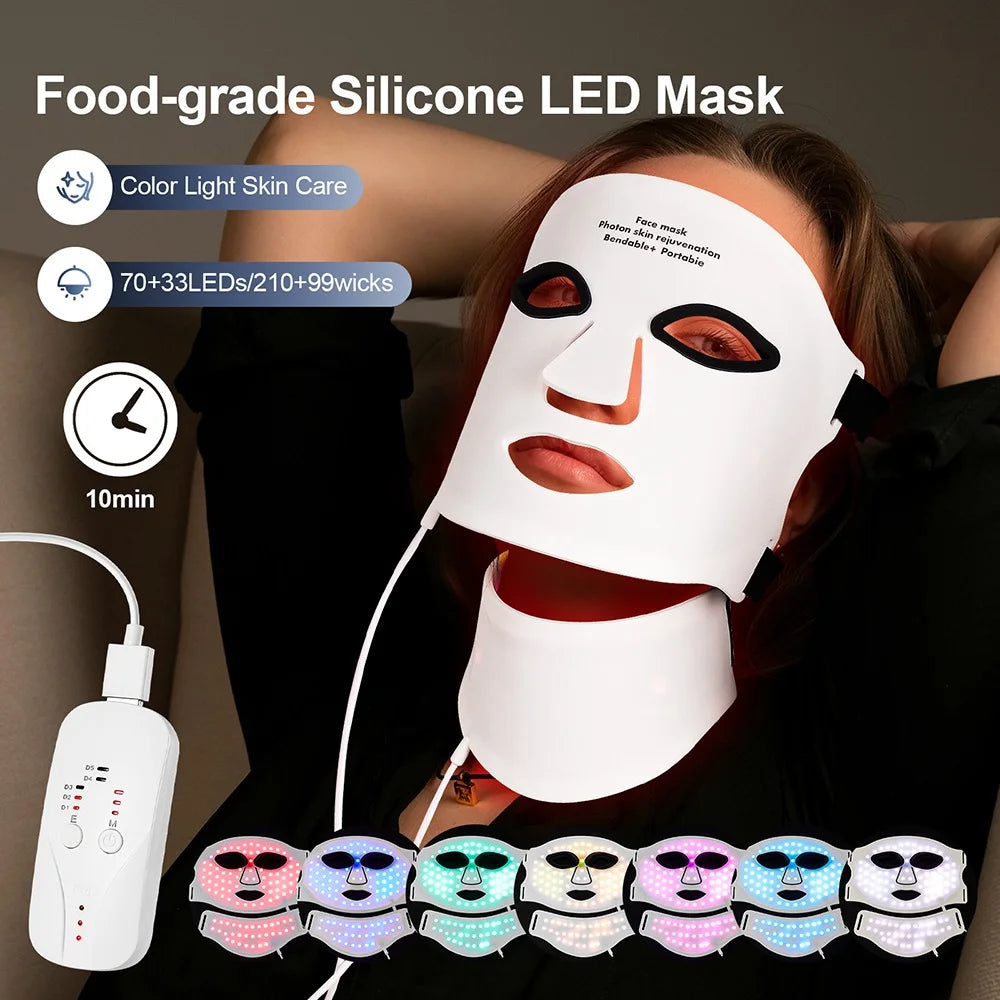 Silicone LED Face & Neck Mask – 7-Color Photon Light & Infrared Therapy, Flexible Wireless Facial Mask for Skin Repair & Rejuvenation