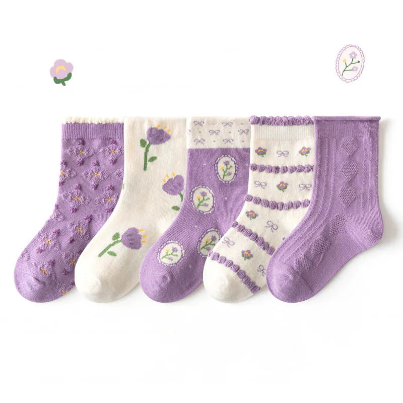 5 Pairs Girls' Cotton Socks – Soft Floral Print Toddler Socks for Spring & Autumn | Comfortable Kids Footwear