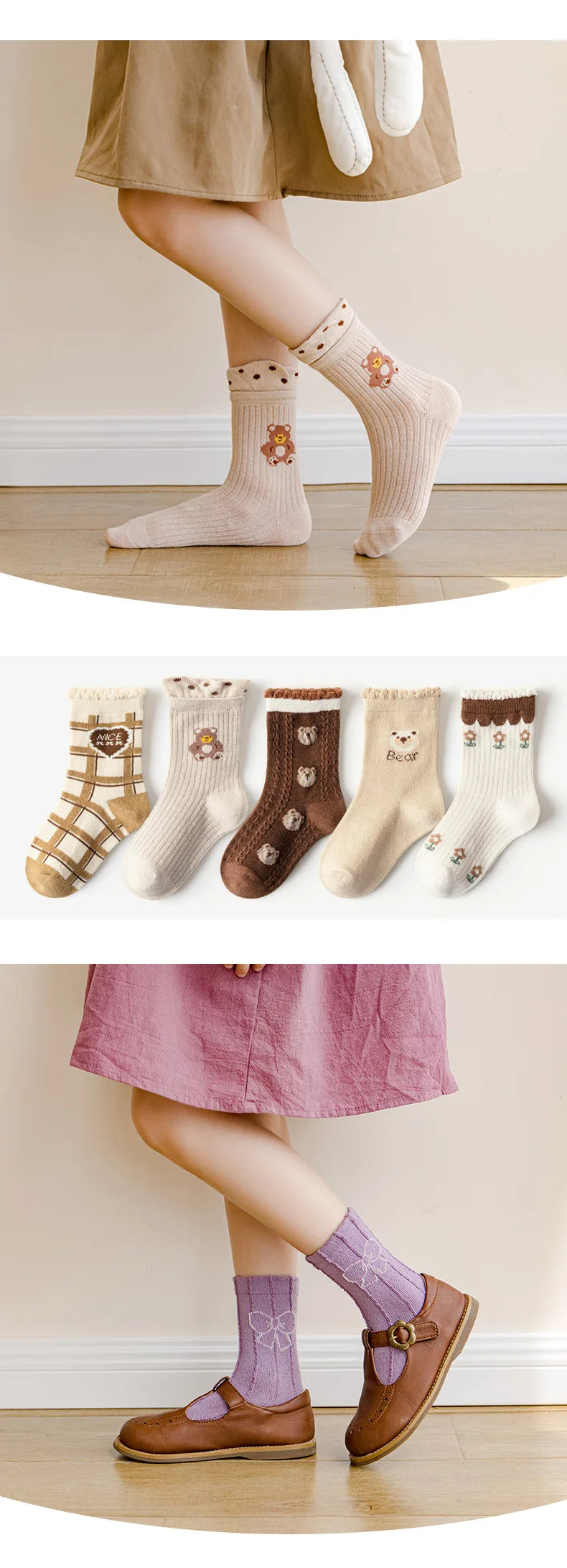 5 Pairs Girls' Cotton Socks – Soft Floral Print Toddler Socks for Spring & Autumn | Comfortable Kids Footwear