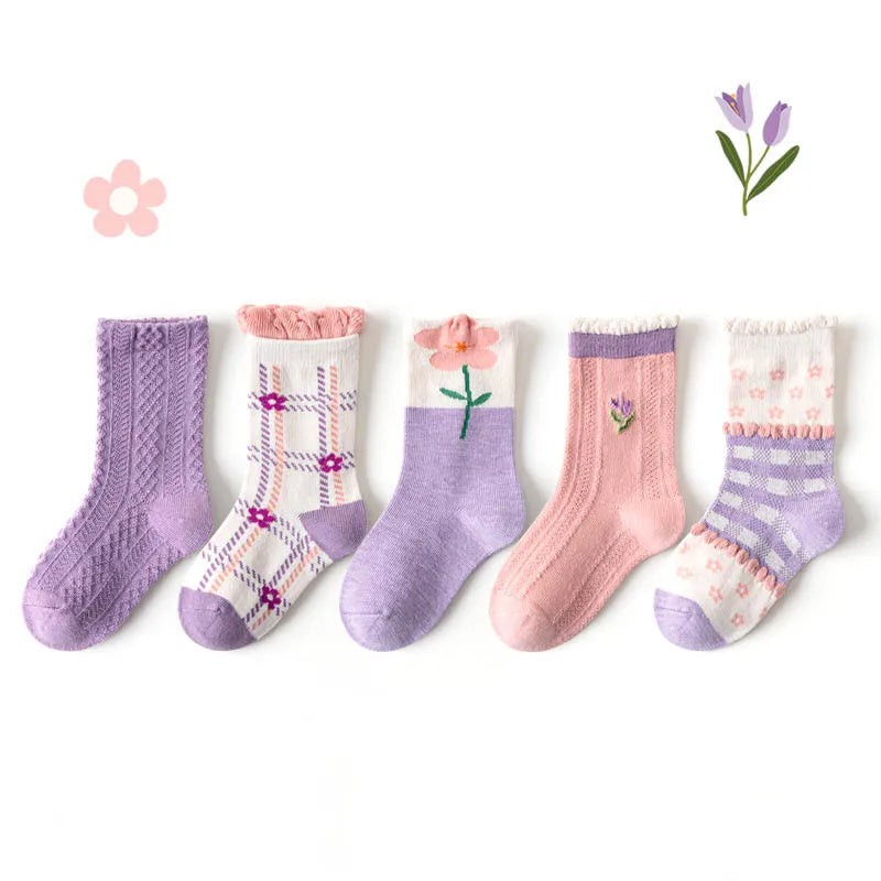 5 Pairs Girls' Cotton Socks – Soft Floral Print Toddler Socks for Spring & Autumn | Comfortable Kids Footwear
