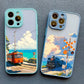 Landscape Cloud Tram Illustration iPhone Case – Soft Back Cover for iPhone 16 Pro Max, 15 Pro Max, 14 Pro Max