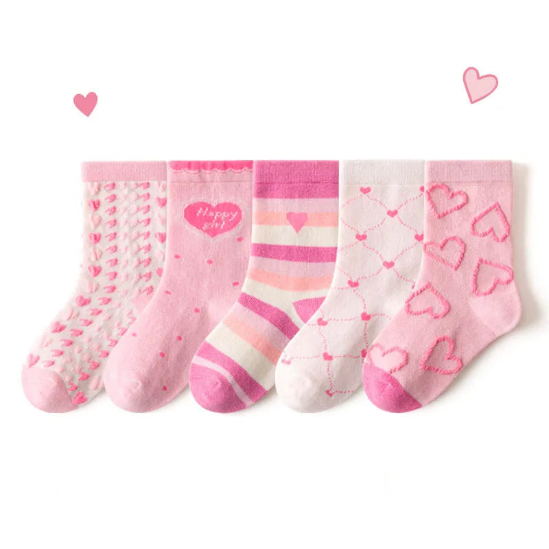 5 Pairs Girls' Cotton Socks – Soft Floral Print Toddler Socks for Spring & Autumn | Comfortable Kids Footwear