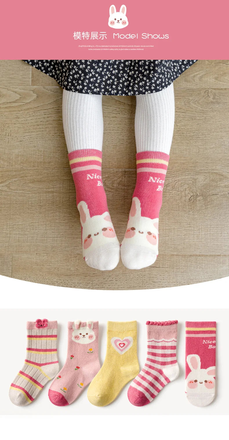 5 Pairs Girls' Cotton Socks – Soft Floral Print Toddler Socks for Spring & Autumn | Comfortable Kids Footwear