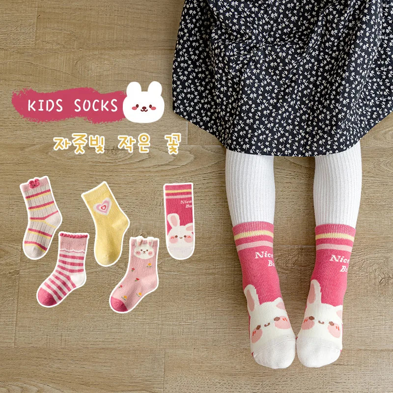5 Pairs Girls' Cotton Socks – Soft Floral Print Toddler Socks for Spring & Autumn | Comfortable Kids Footwear