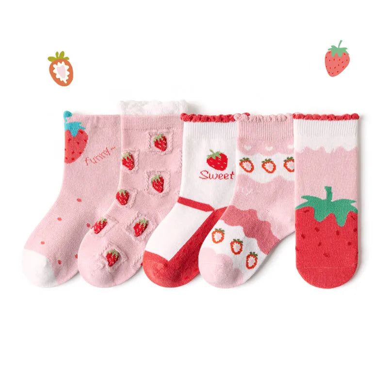 5 Pairs Girls' Cotton Socks – Soft Floral Print Toddler Socks for Spring & Autumn | Comfortable Kids Footwear
