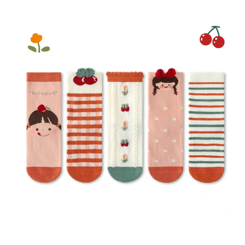 5 Pairs Girls' Cotton Socks – Soft Floral Print Toddler Socks for Spring & Autumn | Comfortable Kids Footwear