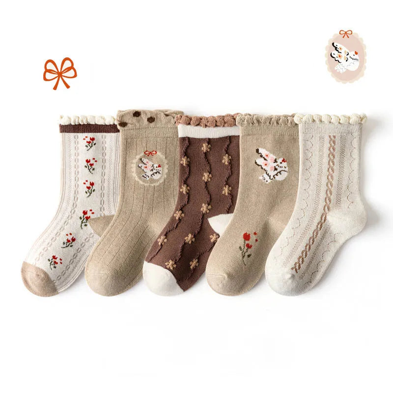 5 Pairs Girls' Cotton Socks – Soft Floral Print Toddler Socks for Spring & Autumn | Comfortable Kids Footwear