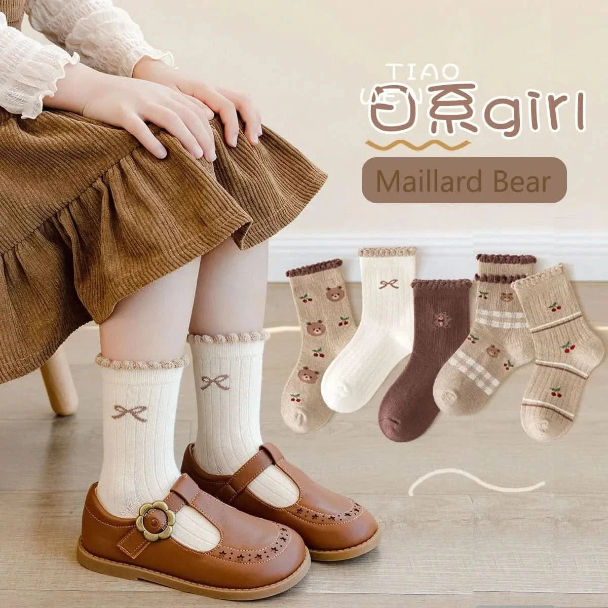 Sweet Rosy Bowknot Spring Girls Socks - 5 Pairs Kids Calf Cotton Children Socks - MERRIAKids SocksMERRIA