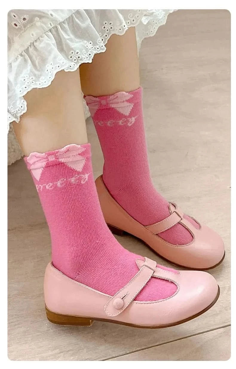 Sweet Rosy Bowknot Spring Girls Socks - 5 Pairs Kids Calf Cotton Children Socks - MERRIAKids SocksMERRIA