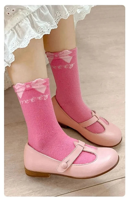 Sweet Rosy Bowknot Spring Girls Socks - 5 Pairs Kids Calf Cotton Children Socks - MERRIAKids SocksMERRIA