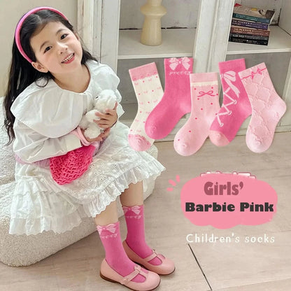 Sweet Rosy Bowknot Spring Girls Socks - 5 Pairs Kids Calf Cotton Children Socks - MERRIAKids SocksMERRIA