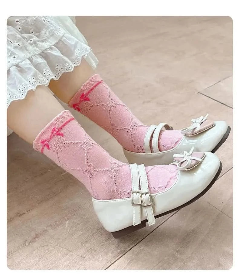 Sweet Rosy Bowknot Spring Girls Socks - 5 Pairs Kids Calf Cotton Children Socks - MERRIAKids SocksMERRIA