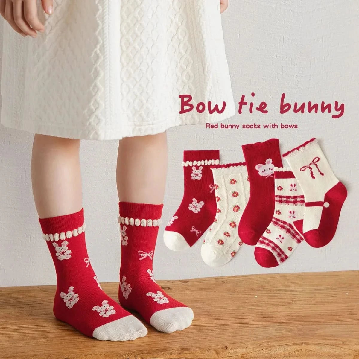 Sweet Rosy Bowknot Spring Girls Socks - 5 Pairs Kids Calf Cotton Children Socks - MERRIAKids SocksMERRIA