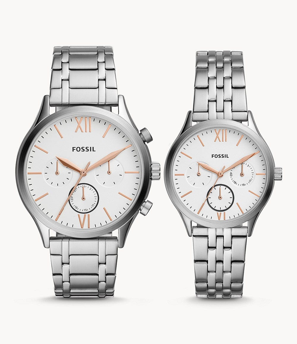 Fossil His and Her Fenmore Midsize Multifunction Stainless Steel Watch Gift Set