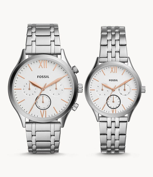 Fossil His and Her Fenmore Midsize Multifunction Stainless Steel Watch Gift Set