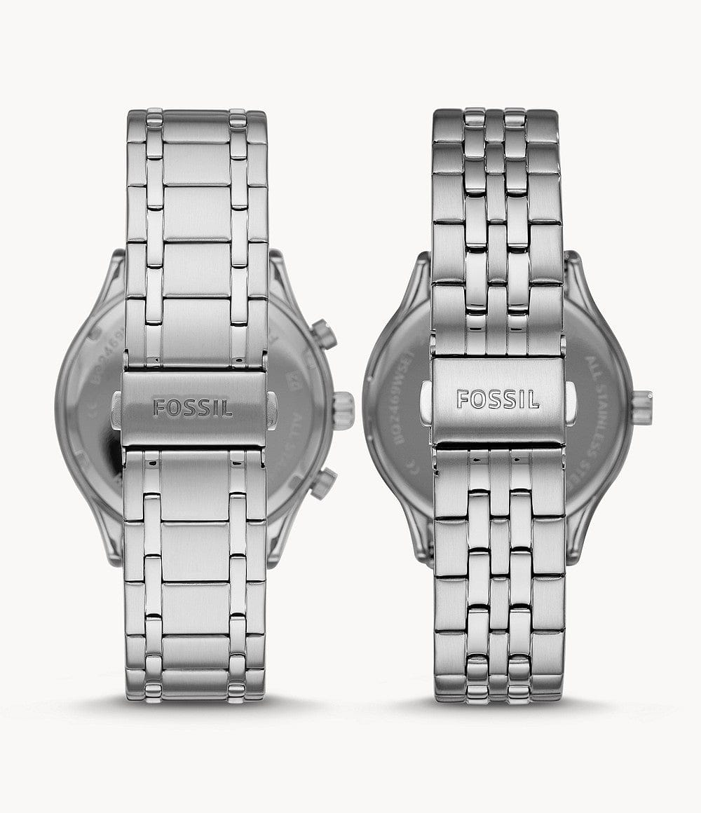 Fossil His and Her Fenmore Midsize Multifunction Stainless Steel Watch Gift Set