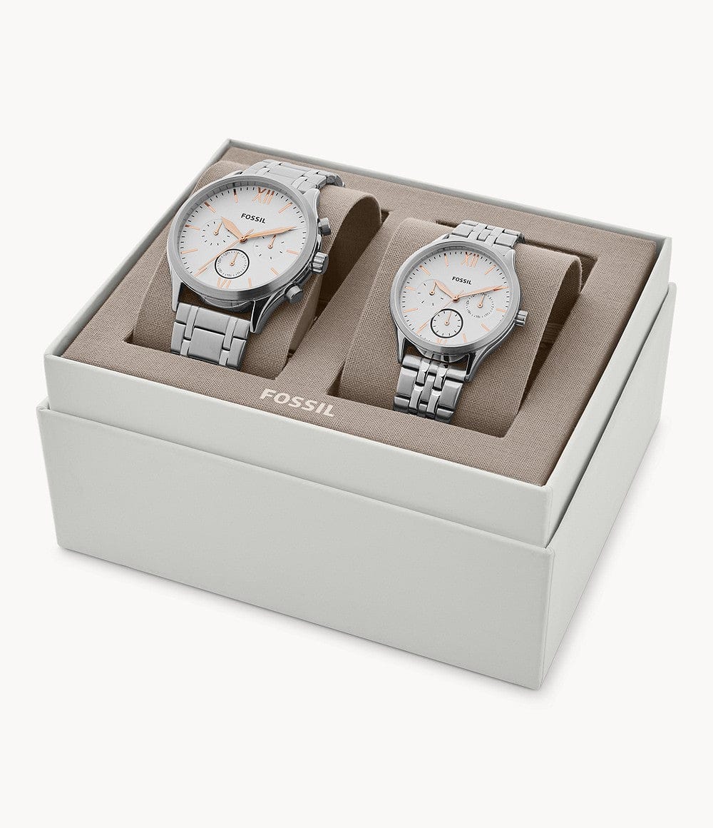 Fossil His and Her Fenmore Midsize Multifunction Stainless Steel Watch Gift Set