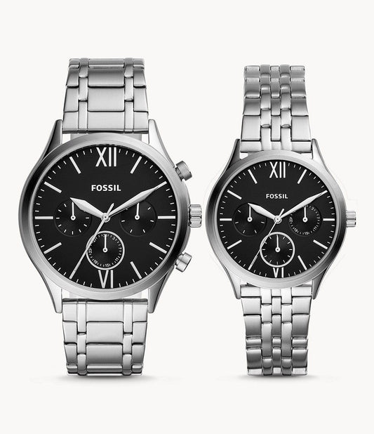 Fossil His and Her Fenmore Midsize Multifunction Stainless Steel Watch Gift Set