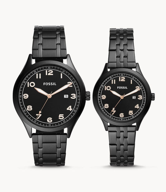 Fossil His and Her Wylie Three-Hand Black Stainless Steel Watch Box Set