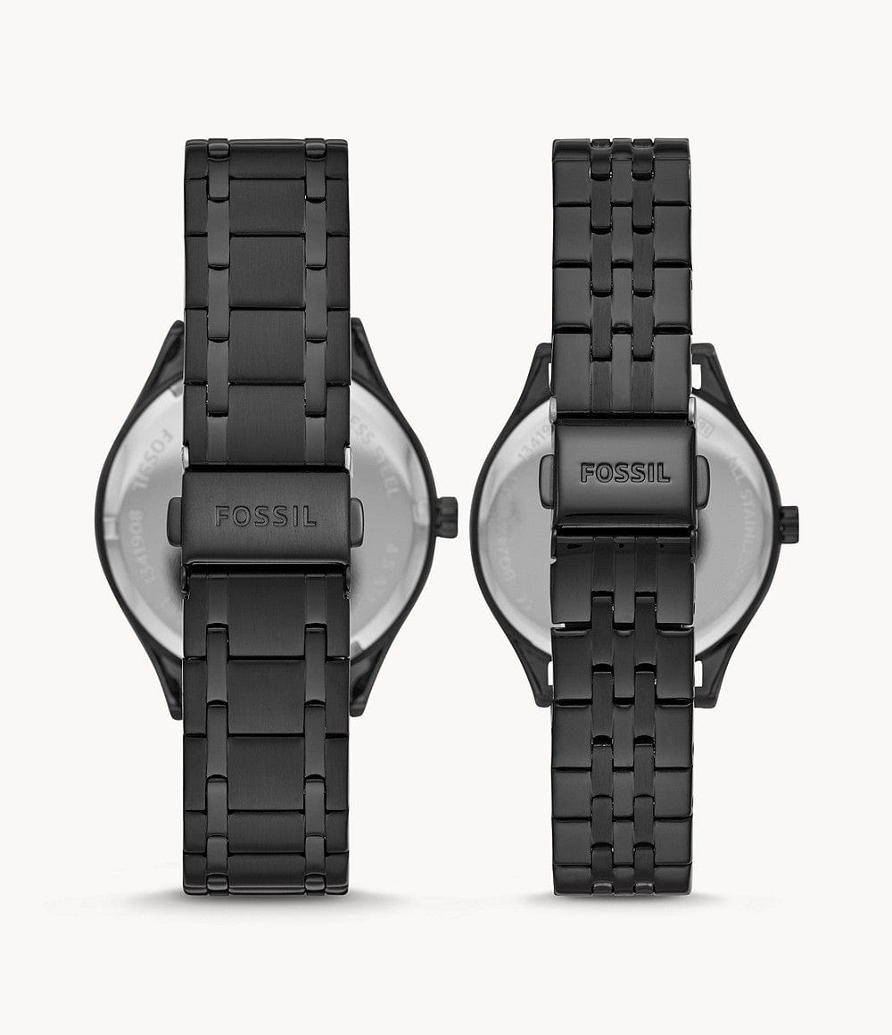 Fossil His and Her Wylie Three-Hand Black Stainless Steel Watch Box Set