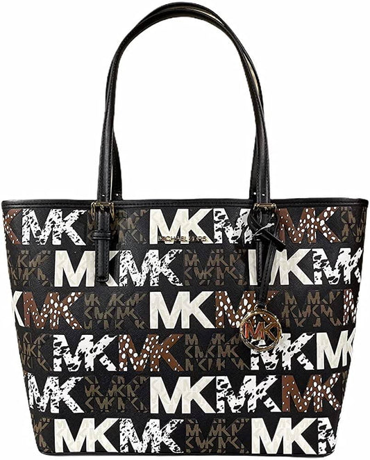 Michael Kors Jet Set Travel Medium Carryall Tote Graffiti Black Graphic MK Logo Multi