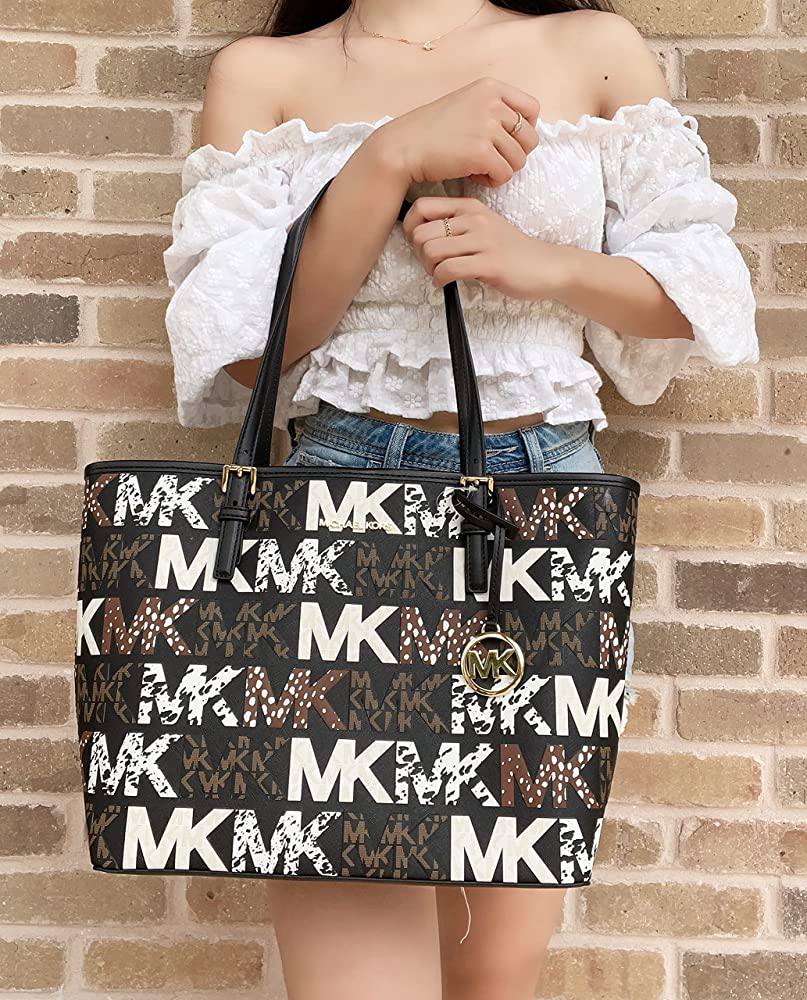 Michael Kors Jet Set Travel Medium Carryall Tote Graffiti Black Graphic MK Logo Multi