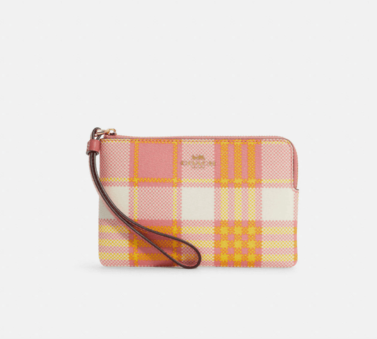 Coach Corner Zip Wristlet With Garden Plaid Print