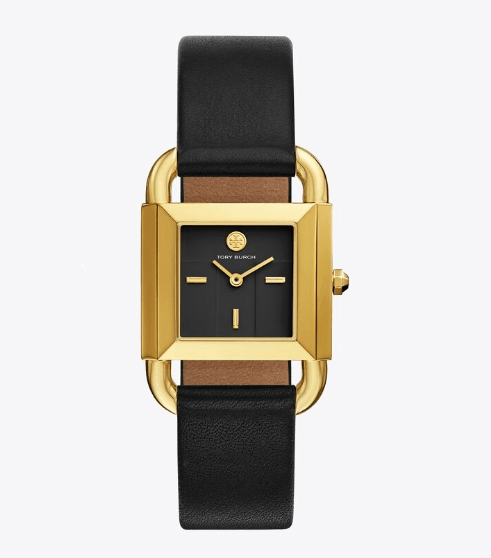 Tory Burch Phipps Watch, Black Leather / Gold-Tone