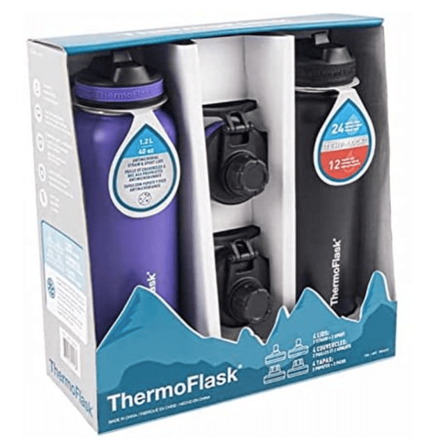 ThermoFlask Spout Straw Bottles, Black & Purple, 40 Ounce (Pack of 2)
