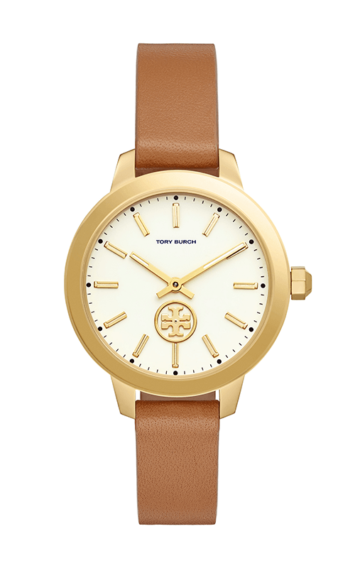 Tory Burch Collins Brown Leather Gold Tone Stainless