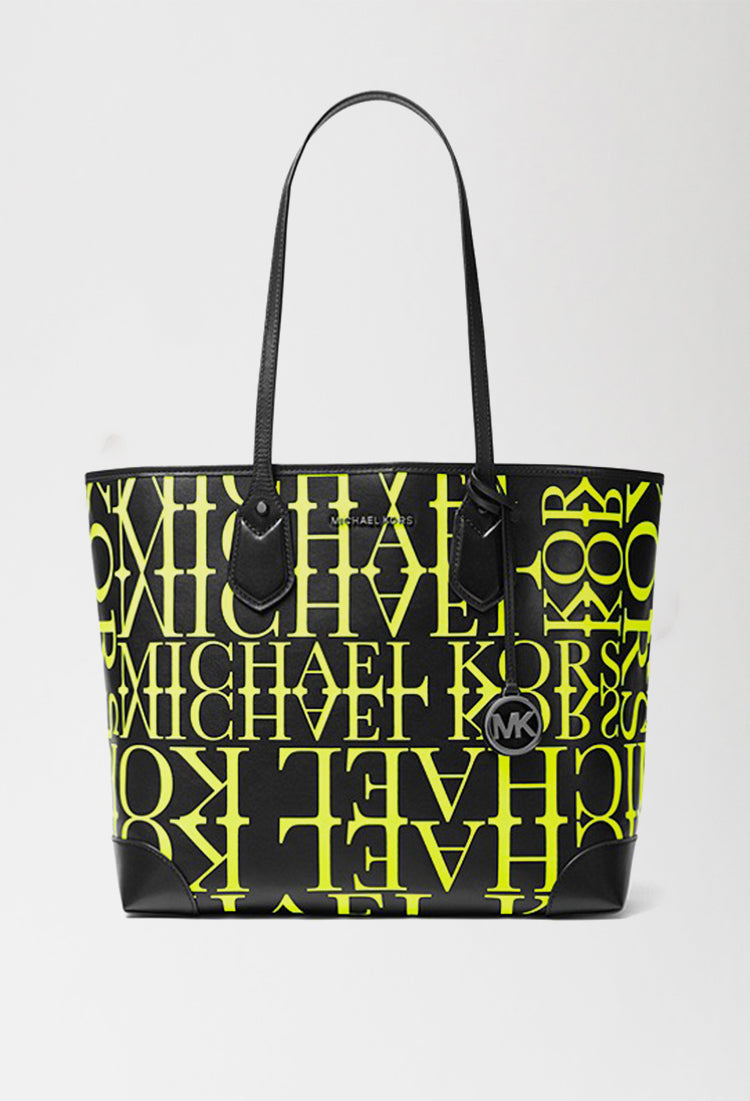 Michael Kors Eva Large Newsprint Logo Leather Tote Bag